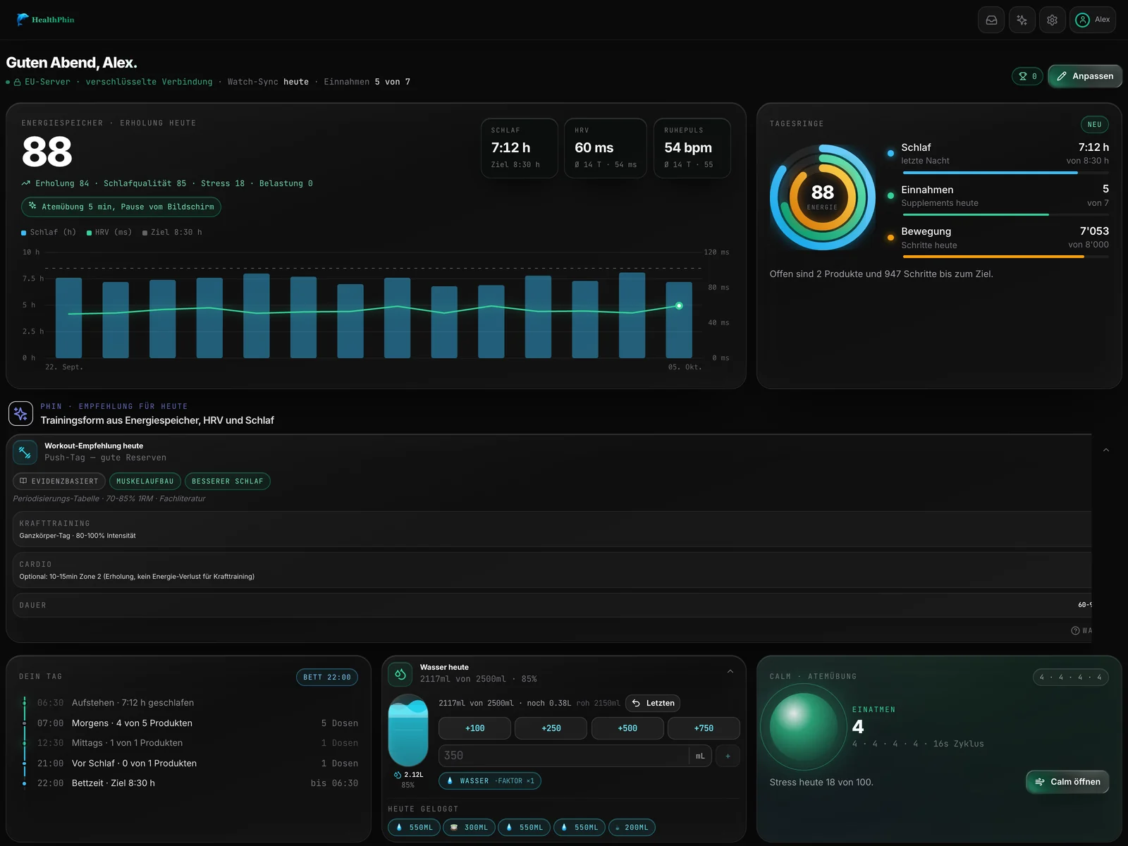 HealthPhin Dashboard mit Energiespeicher, Schlaf und Tagesringen